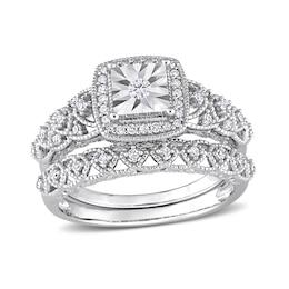 0.29 CT. T.W. Diamond Cushion Frame Vintage-Style Loop Shank Bridal Set in Sterling Silver