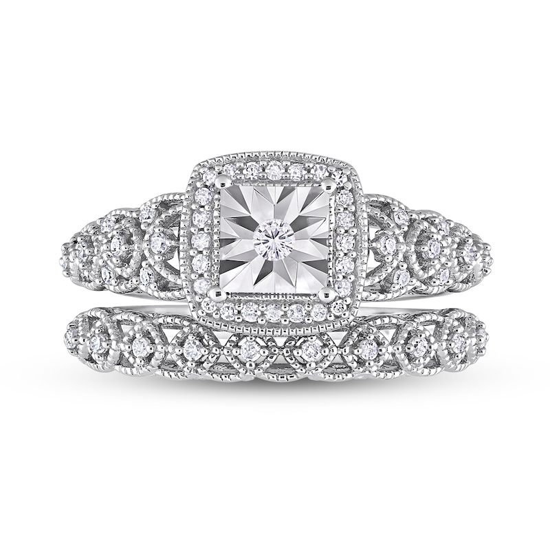 Main Image 4 of 0.29 CT. T.W. Diamond Cushion Frame Vintage-Style Loop Shank Bridal Set in Sterling Silver