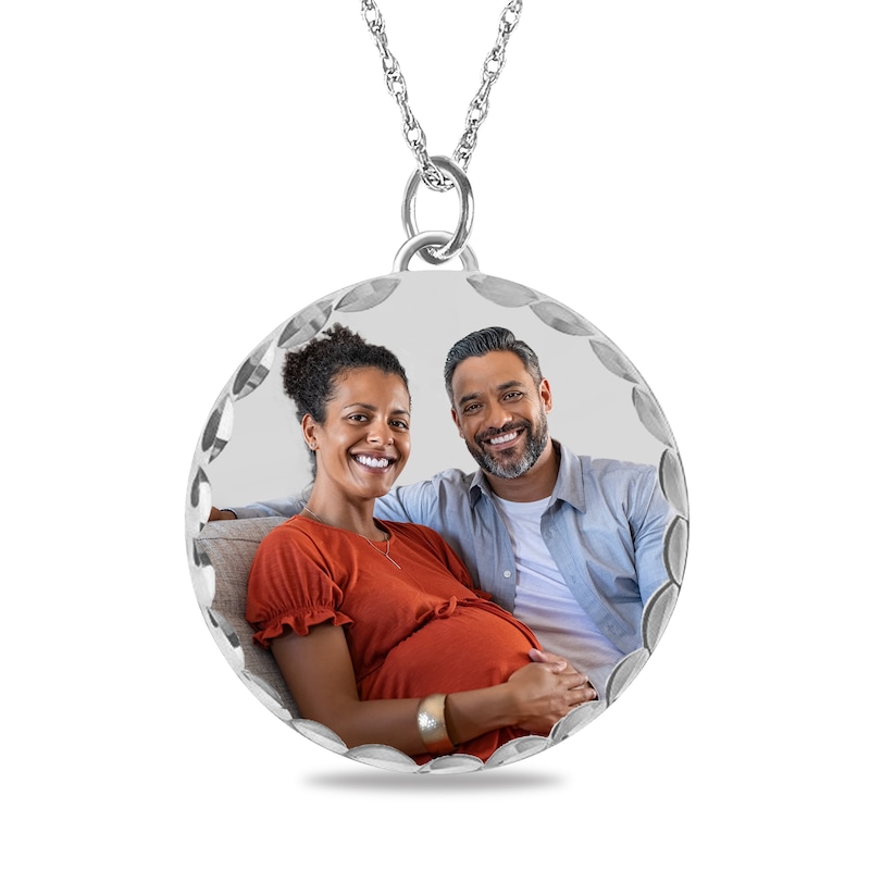 Main Image 1 of Medium Engravable Photo Diamond-Cut Edge Medallion Pendant in Sterling Silver (1 Image and 3 Lines)