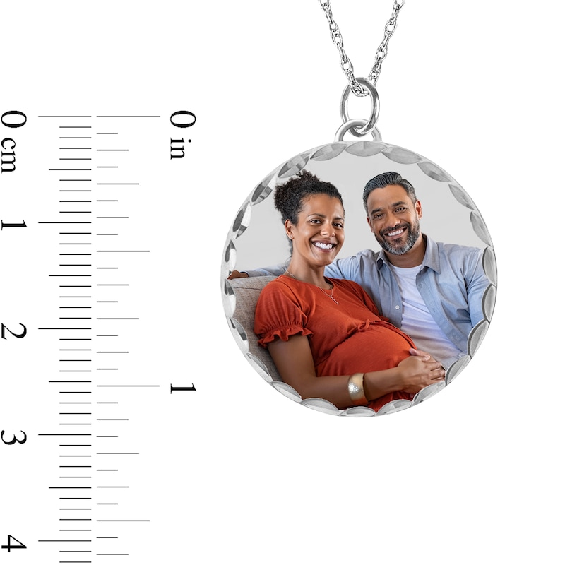 Medium Engravable Photo Diamond-Cut Edge Medallion Pendant in Sterling Silver (1 Image and 3 Lines)