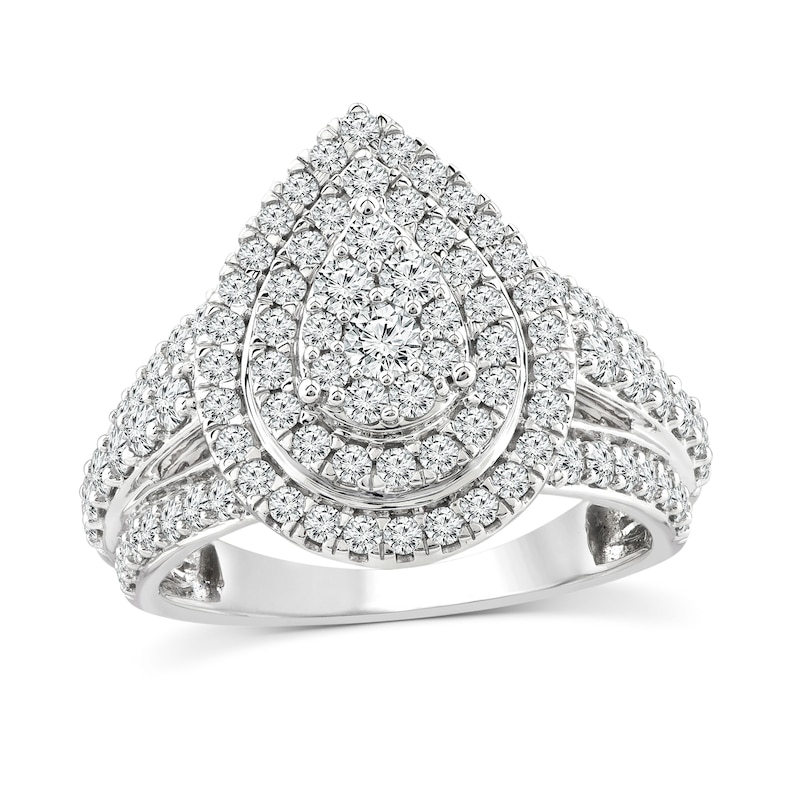 1.55 CT. T.W. Pear-Shaped Multi-Diamond Double Frame Triple Row Engagement Ring in 14K White Gold
