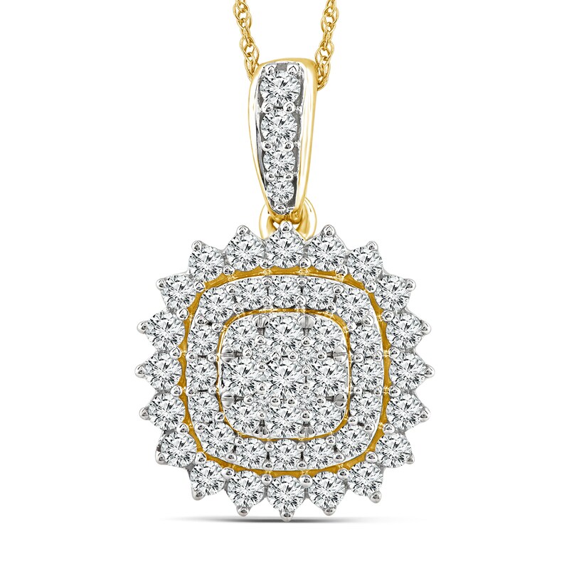 0.77 CT. T.W. Cushion-Shaped Multi-Diamond Double Frame Sunburst Pendant in 14K Gold