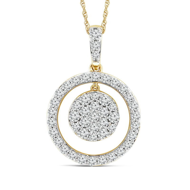 1.04 CT. T.W. Multi-Diamond Dangle Circle Outline Pendant in 14K Gold