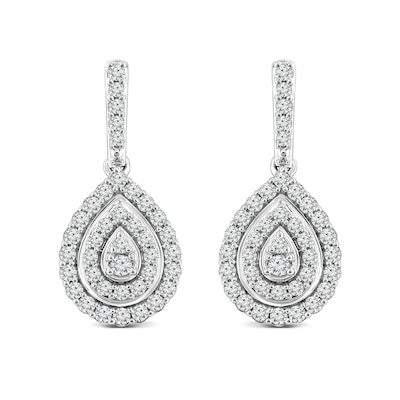 1.02 CT. T.W. Pear-Shaped Multi-Diamond Double Frame Scallop Edge Drop Earrings in 14K Gold