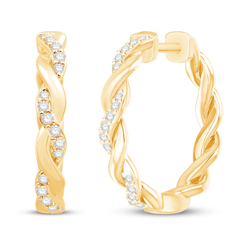 Main Image 1 of Circle of Gratitude® Collection 0.09 CT. T.W. Diamond and Polished Twist Hoop Earrings in 10K Gold