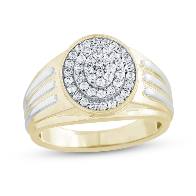 Men's 0.50 CT. T.W. Multi-Diamond Double Frame Raised Textured Shank Ring in 10K Two-Tone Gold
