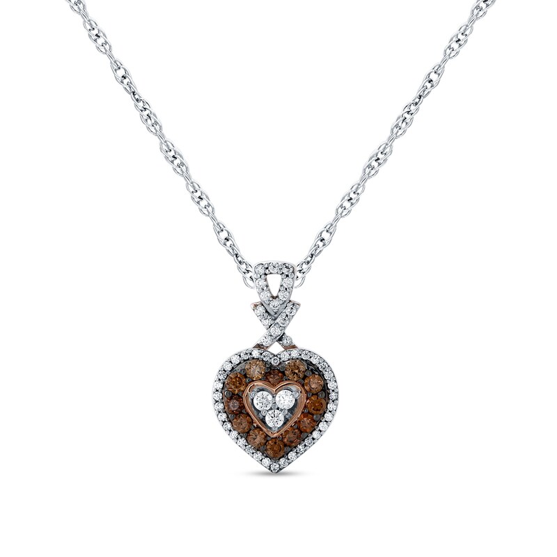 Main Image 1 of 0.65 CT. T.W. Champagne and White Multi-Diamond Double Frame Heart Pendant in 10K White Gold