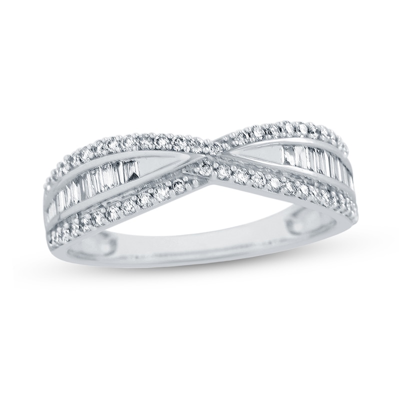 0.50 CT. T.W. Baguette and Round Diamond Triple Row Twist Ring in 14K White Gold