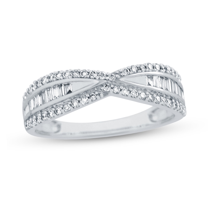 0.50 CT. T.W. Baguette and Round Diamond Triple Row Twist Ring in 14K White Gold|Peoples Jewellers