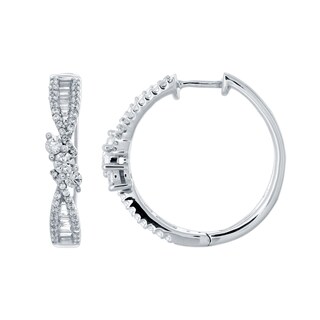 1.00 CT. T.W. Baguette and Round Diamond Trio Twist Hoop Earrings in 10K White Gold