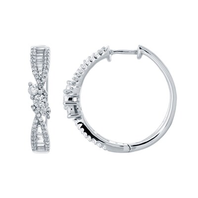 1.00 CT. T.W. Baguette and Round Diamond Trio Twist Hoop Earrings in 10K White Gold