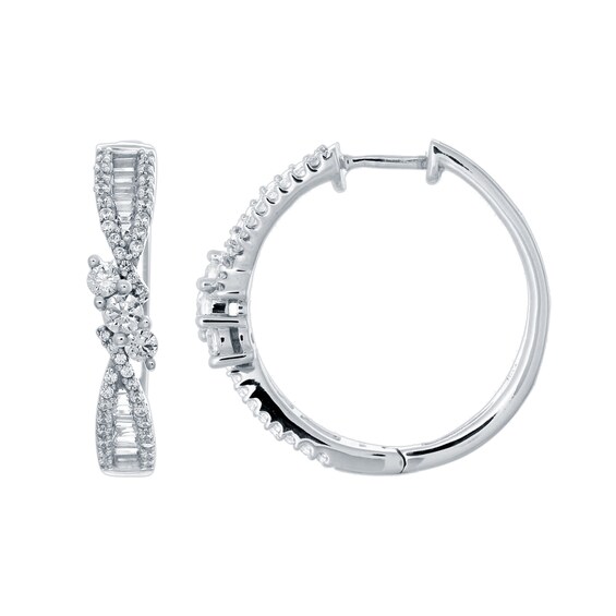 1.00 CT. T.W. Baguette and Round Diamond Trio Twist Hoop Earrings in 10K White Gold