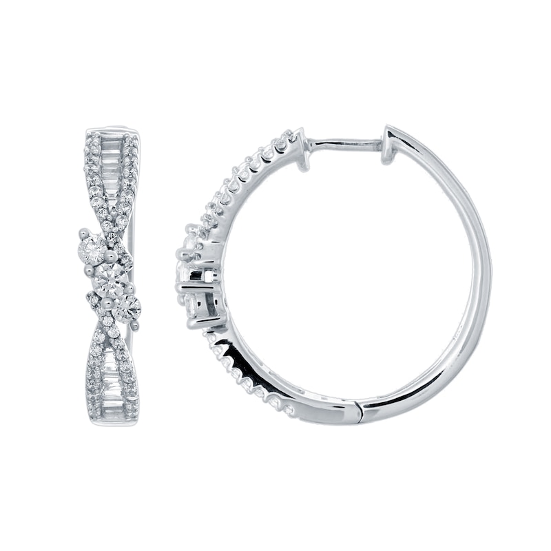 1.00 CT. T.W. Baguette and Round Diamond Trio Twist Hoop Earrings in 10K White Gold|Peoples Jewellers