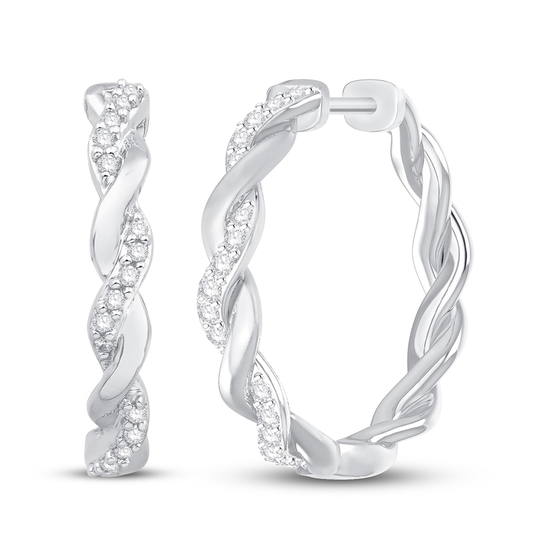 Main Image 1 of Circle of Gratitude® Collection 0.23 CT. T.W. Diamond and Polished Twist Hoop Earrings in 10K White Gold