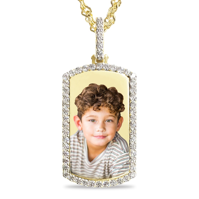 Main Image 1 of 1.06 CT. T.W. Diamond Frame Engravable Photo Dog Tag Pendant in 10K Gold (1 Image and 4 Lines) - 24"