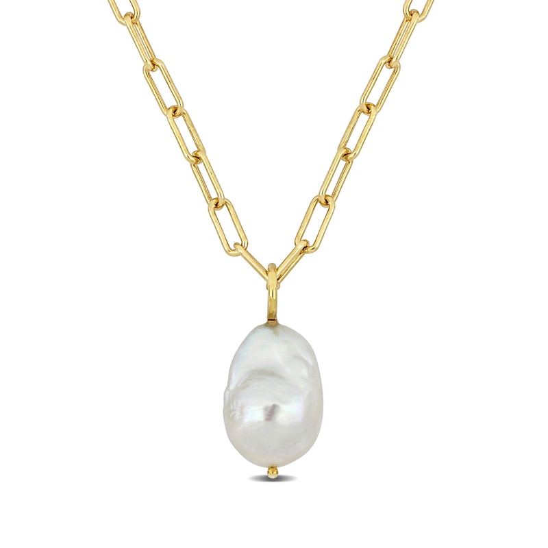 13.0-13.5mm Baroque Cultured Freshwater Pearl Paper Clip Necklace in Sterling Silver with 18K Gold Plate|Peoples Jewellers