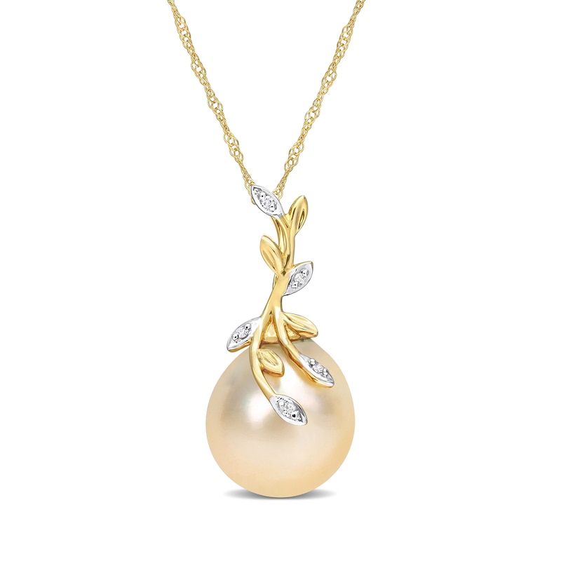 Main Image 1 of 12.0-12.5mm Baroque Golden South Sea Cultured Pearl and Diamond Accent Vine Pendant in 14K Gold-17"