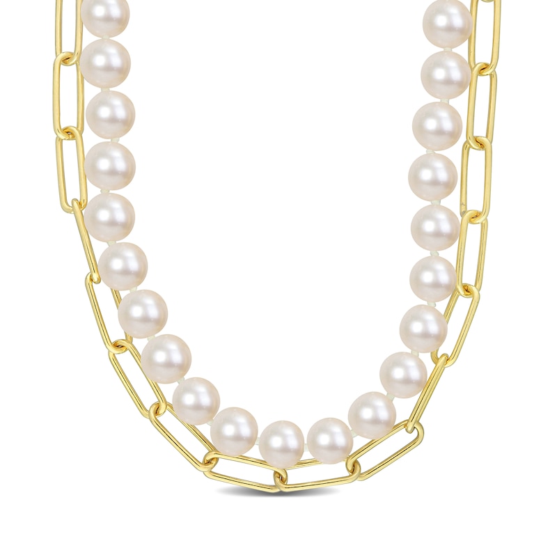 5.0-7.0mm Freshwater Cultured Pearl and Paper Clip Chain Double Strand Necklace in Sterling Silver with 18K Gold Plate