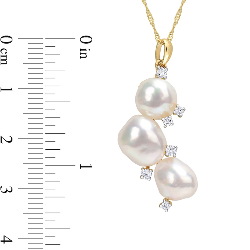 8.0-9.5mm Oval Cultured Freshwater Pearl and 0.17 CT. T.W. Diamond Triple Drop Pendant in 14K Gold - 17"