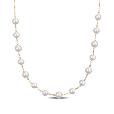 6.5-8.5mm Freshwater Cultured Pearl Bead Station Necklace in Sterling Silver with 18K Gold Plate