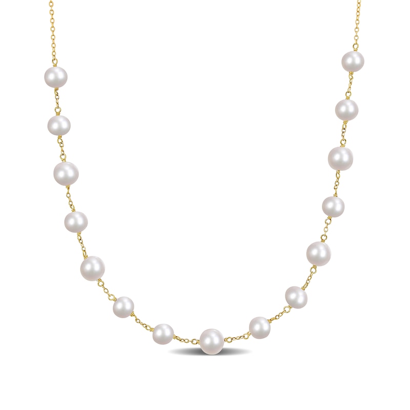 6.5-8.5mm Cultured Freshwater Pearl Bead Station Necklace in Sterling Silver with 18K Gold Plate|Peoples Jewellers