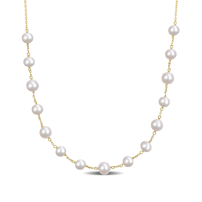 Main Image 1 of 6.5-8.5mm Freshwater Cultured Pearl Bead Station Necklace in Sterling Silver with 18K Gold Plate