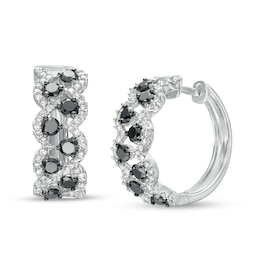 1.75 CT. T.W. Black and White Diamond Double Row Zig-Zag Hoop Earrings in 10K White Gold
