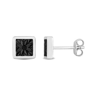 Men's Black Diamond Accent Sunburst Square Stud Earrings in Sterling Silver