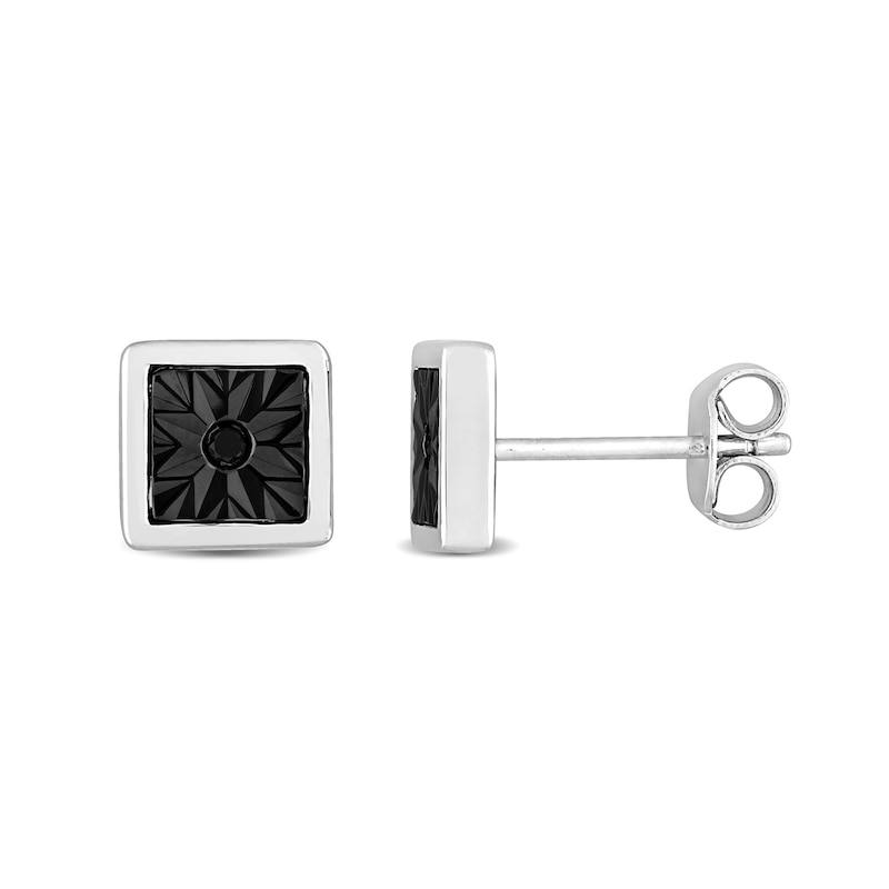 Main Image 1 of Men's Black Diamond Accent Sunburst Square Stud Earrings in Sterling Silver