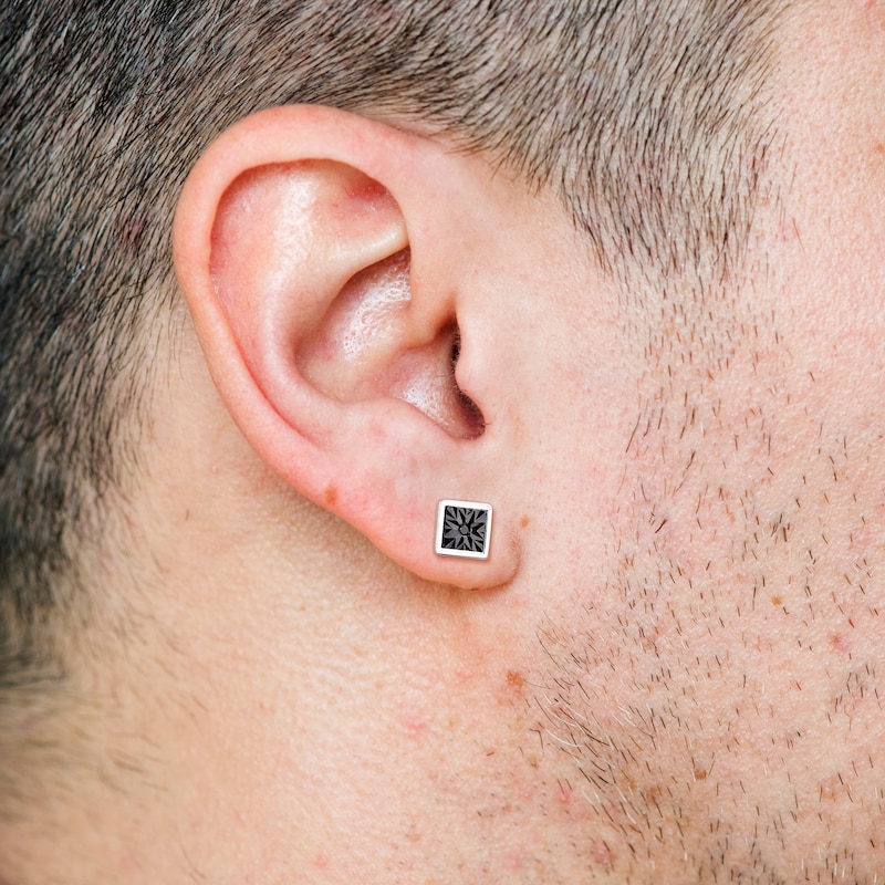 Main Image 2 of Men's Black Diamond Accent Sunburst Square Stud Earrings in Sterling Silver