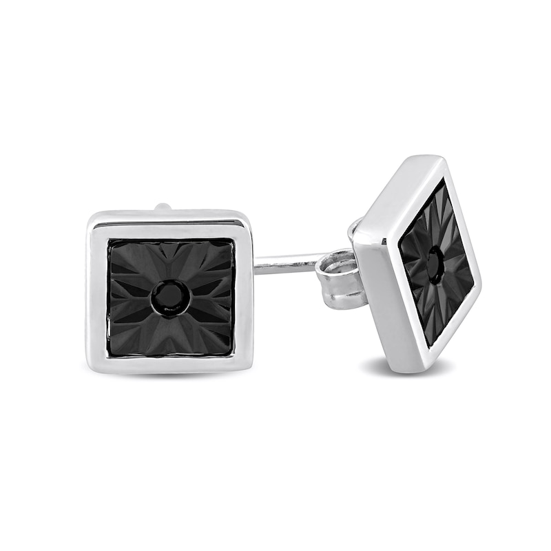Main Image 3 of Men's Black Diamond Accent Sunburst Square Stud Earrings in Sterling Silver