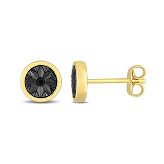 Men's Black Diamond Accent Sunburst Circle Stud Earrings in Sterling Silver with Yellow Rhodium