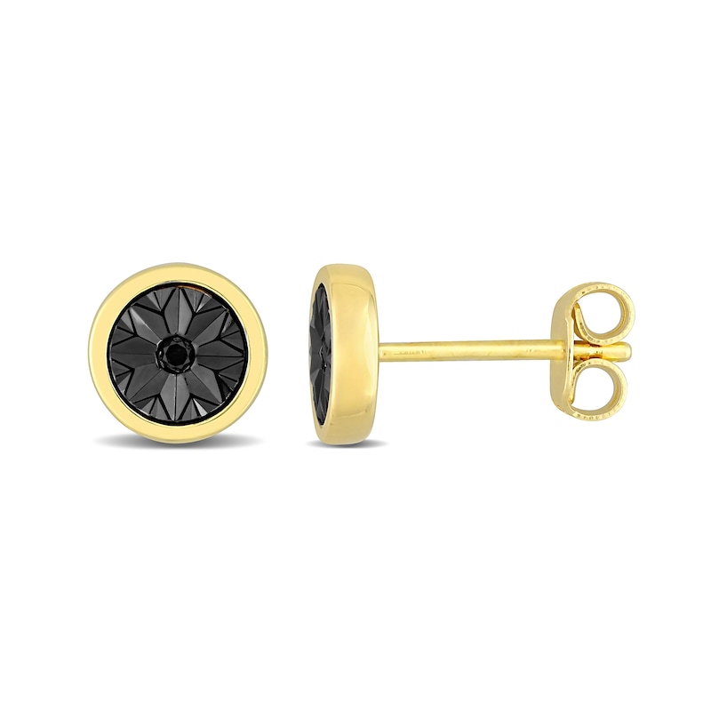 Main Image 1 of Men's Black Diamond Accent Sunburst Circle Stud Earrings in Sterling Silver with Yellow Rhodium