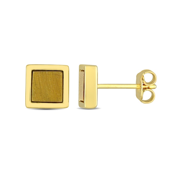 Men's 5.3mm Square Tiger's Eye Stud Earrings in Sterling Silver with Yellow Rhodium