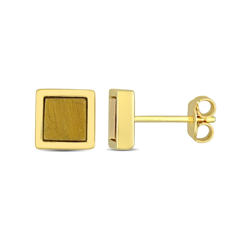 Men's 5.3mm Square Tiger's Eye Stud Earrings in Sterling Silver with Yellow Rhodium