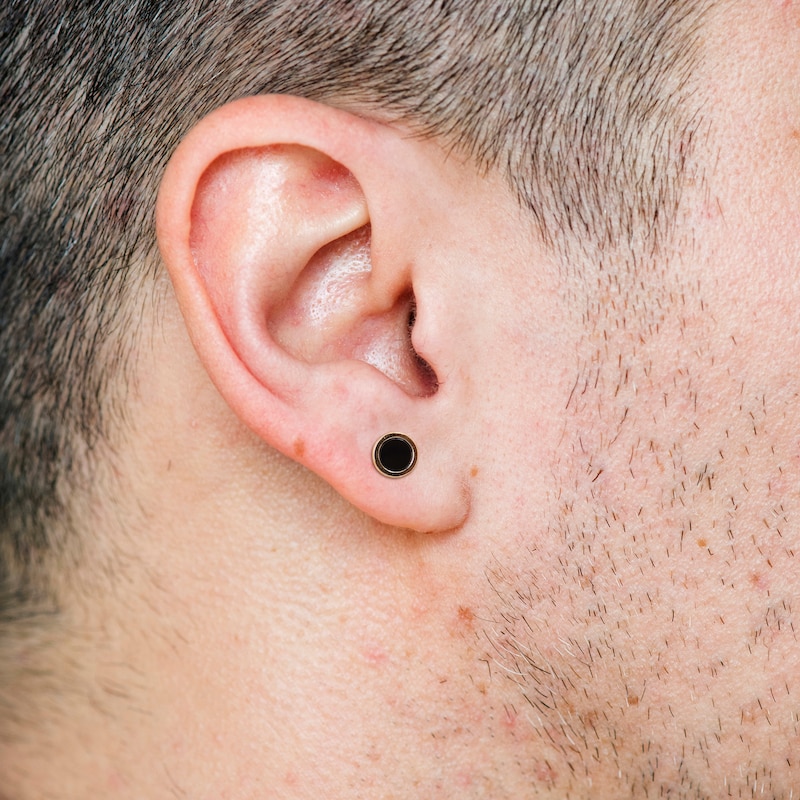 Main Image 2 of Men's 5.5mm Onyx Stud Earrings in Sterling Silver and Yellow Rhodium
