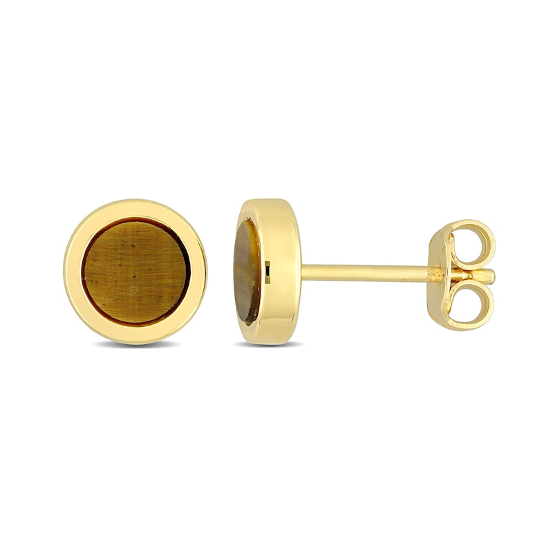 Main Image 1 of Men's 5.5mm Tiger's Eye Stud Earrings in Sterling Silver with Yellow Rhodium