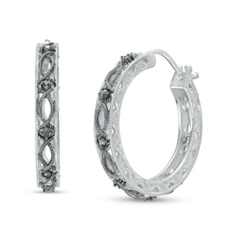 0.08 CT. T.W. Black Diamond Lace Pattern Vintage-Style Hoop Earrings in Sterling Silver and Black Rhodium