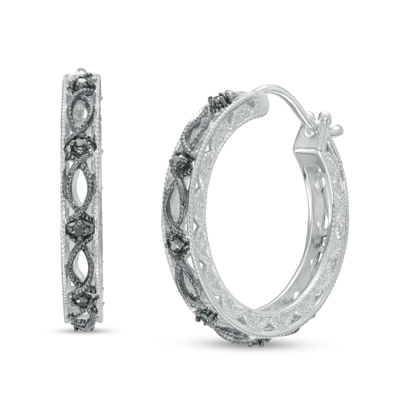 0.08 CT. T.W. Black Diamond Lace Pattern Vintage-Style Hoop Earrings in Sterling Silver and Black Rhodium|Peoples Jewellers