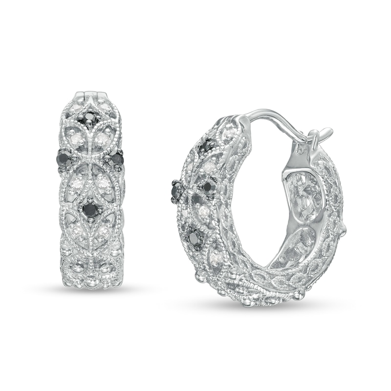 Main Image 1 of 0.15 CT. T.W. Black and White Diamond Art Deco Vintage-Style Huggie Hoop Earrings in Sterling Silver