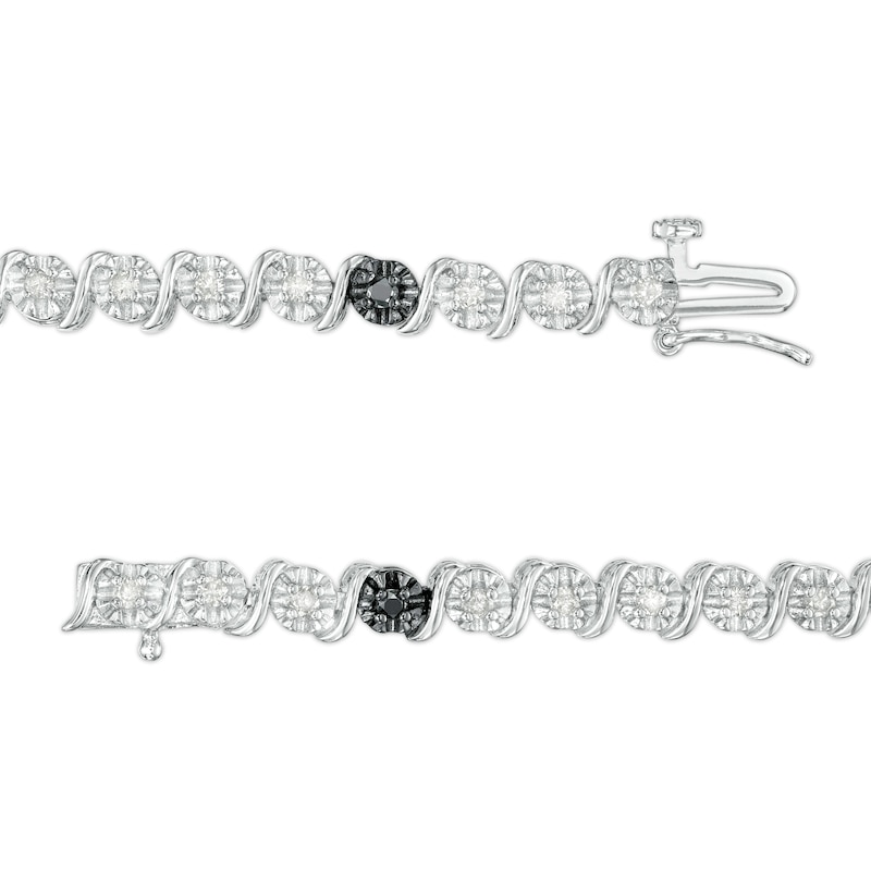 0.95 CT. T.W. Black and White Diamond Five Stone Station "S" Link Tennis Bracelet in Sterling Silver - 7.25"