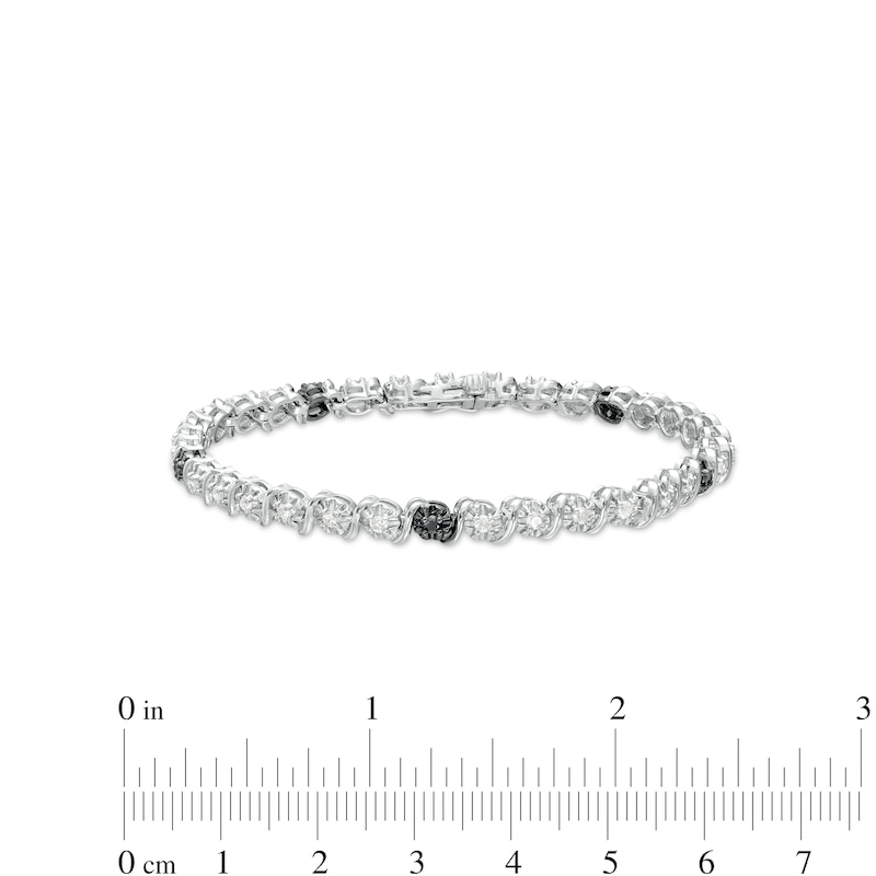 0.95 CT. T.W. Black and White Diamond Five Stone Station "S" Link Tennis Bracelet in Sterling Silver - 7.25"