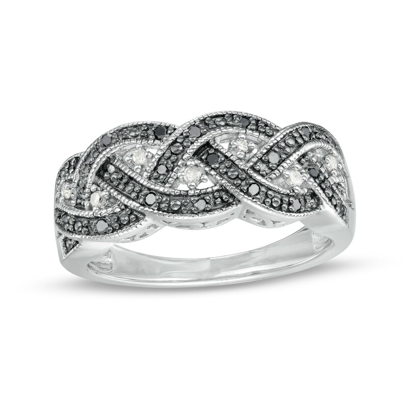 Main Image 1 of 0.16 CT. T.W. Black and White Diamond Beaded Loose Braid Vintage-Style Ring in Sterling Silver and Black Rhodium