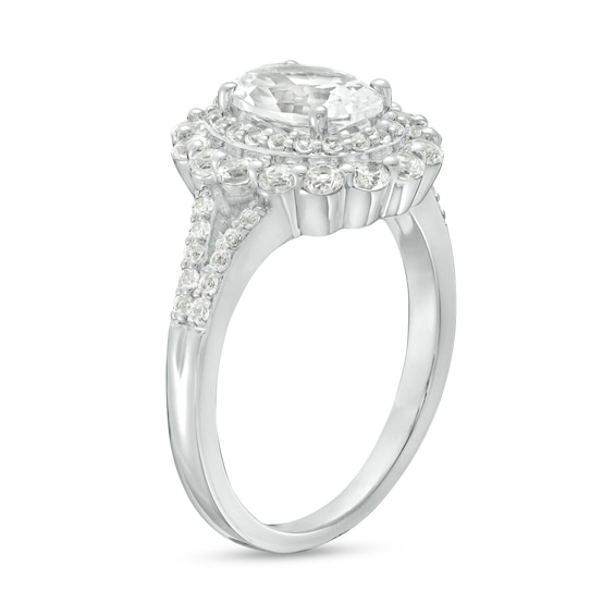 Oval White Lab-Created Sapphire Scallop Double Frame Split Shank Ring in Sterling Silver