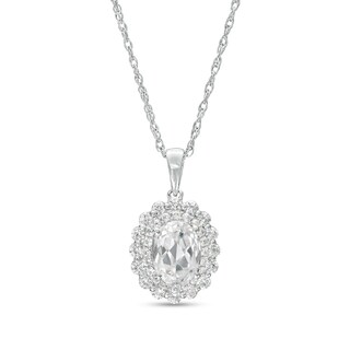 Oval White Lab-Created Sapphire Double Scallop Edge Frame Pendant in Sterling Silver