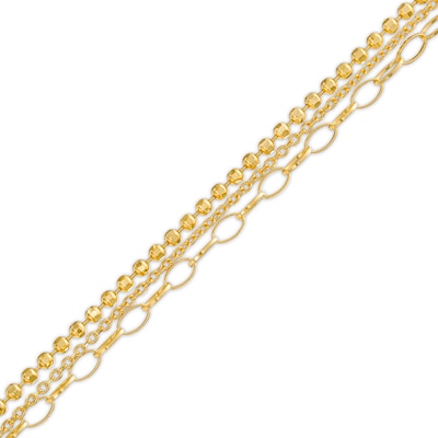 Cable, Bead and Link Mix Chain Triple Strand Bracelet in 18K Gold – 7.5"