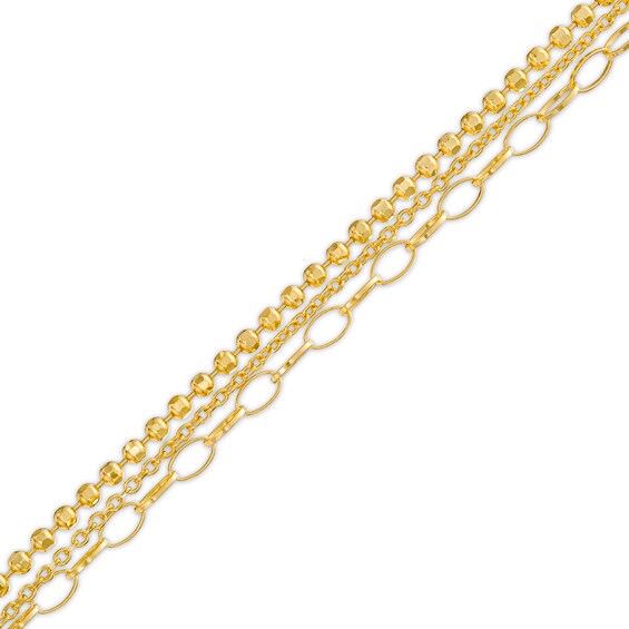 Cable, Bead and Link Mix Chain Triple Strand Bracelet in 18K Gold – 7.5"