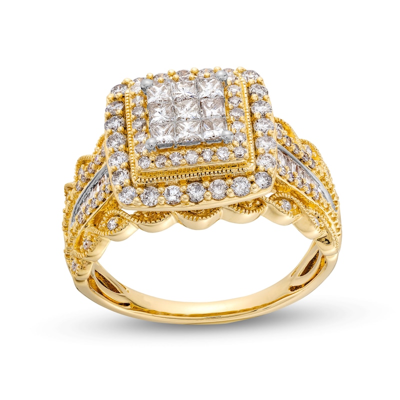 1.00 CT. T.W. Princess-Cut Multi-Diamond Double Frame Vintage-Style Engagement Ring in 10K Gold|Peoples Jewellers