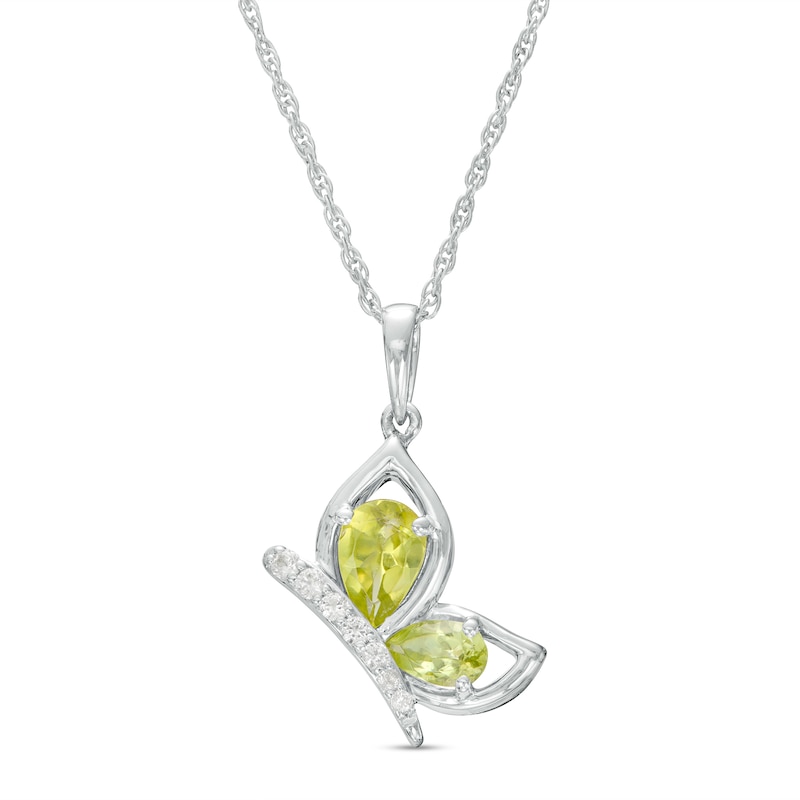 Pear-Shaped Peridot and White Lab-Created Sapphire Butterfly Outline Silhouette Pendant in Sterling Silver|Peoples Jewellers