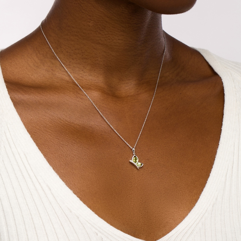 Main Image 2 of Pear-Shaped Peridot and White Lab-Created Sapphire Butterfly Outline Silhouette Pendant in Sterling Silver
